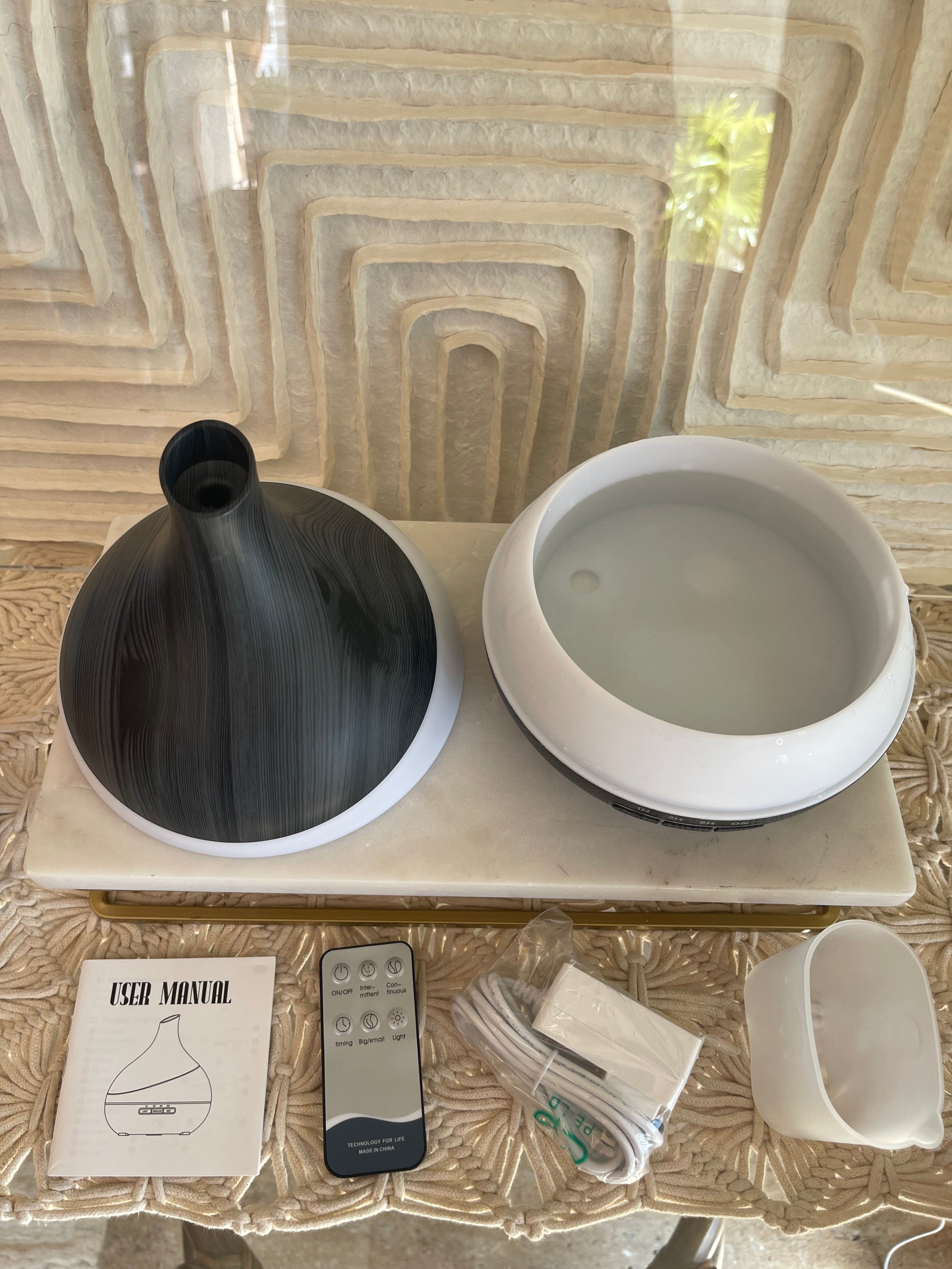 Aroma diffuser with user manual, remote, power line and 500ML ultrasonic aroma diffuser with LED lights and remote control