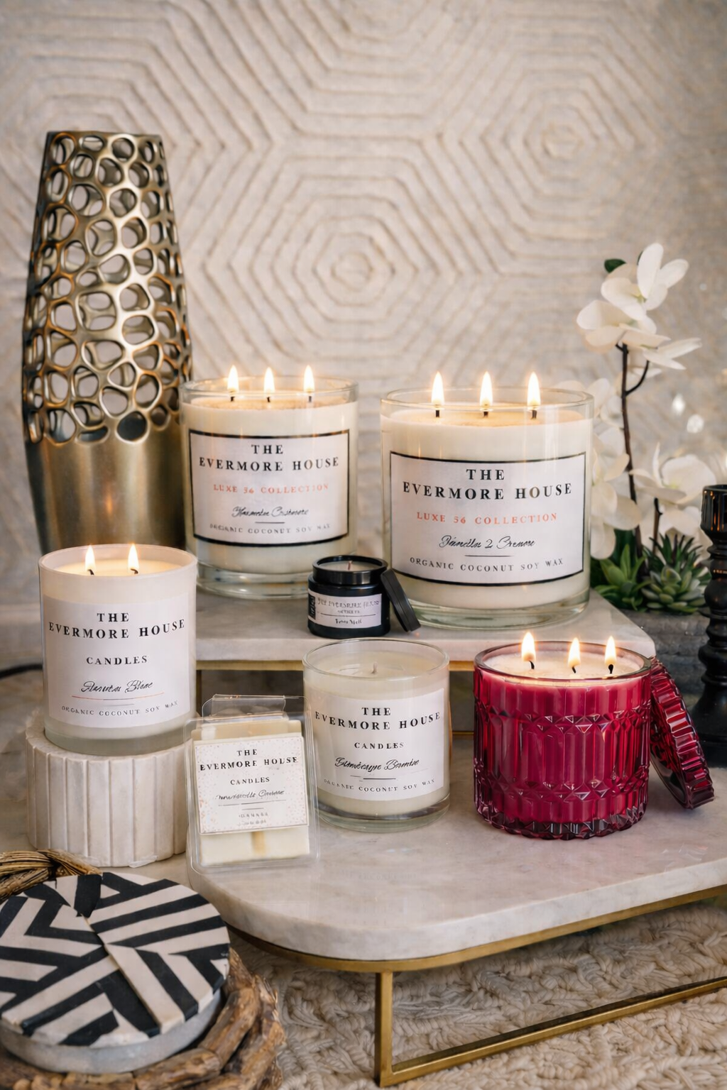 Collection of candles from 'The Evermore House', various sizes of coconut soy wax 