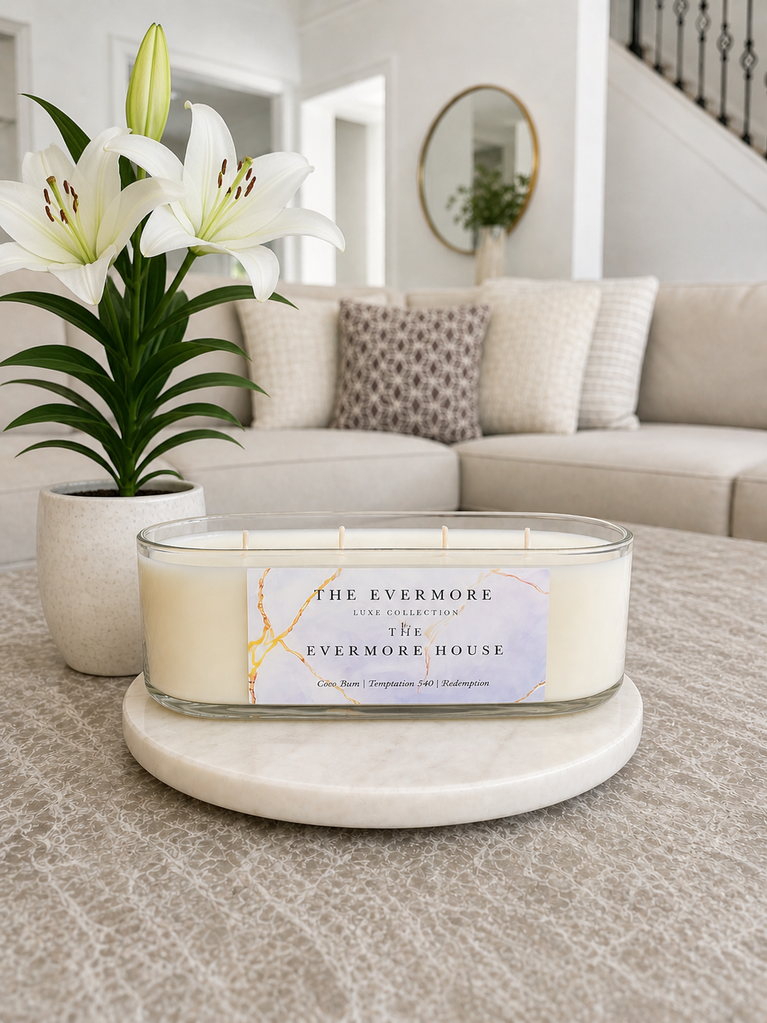 Introducing our 4-wick centerpiece candle. A statement piece from The Evermore House LUXE Collection crafted to transform any room. We chose the very best and most Beautiful Fragrance notes for this Luxury experience