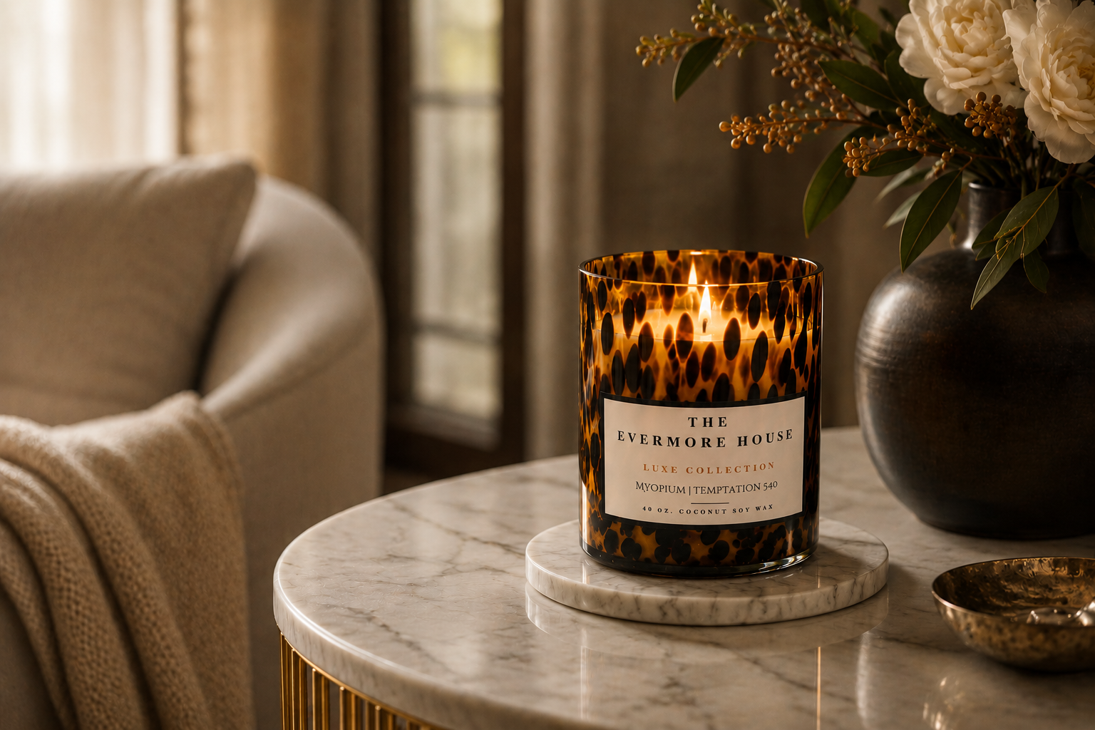 Luxury tortoise shell centerpiece candle in reusable decorative vase