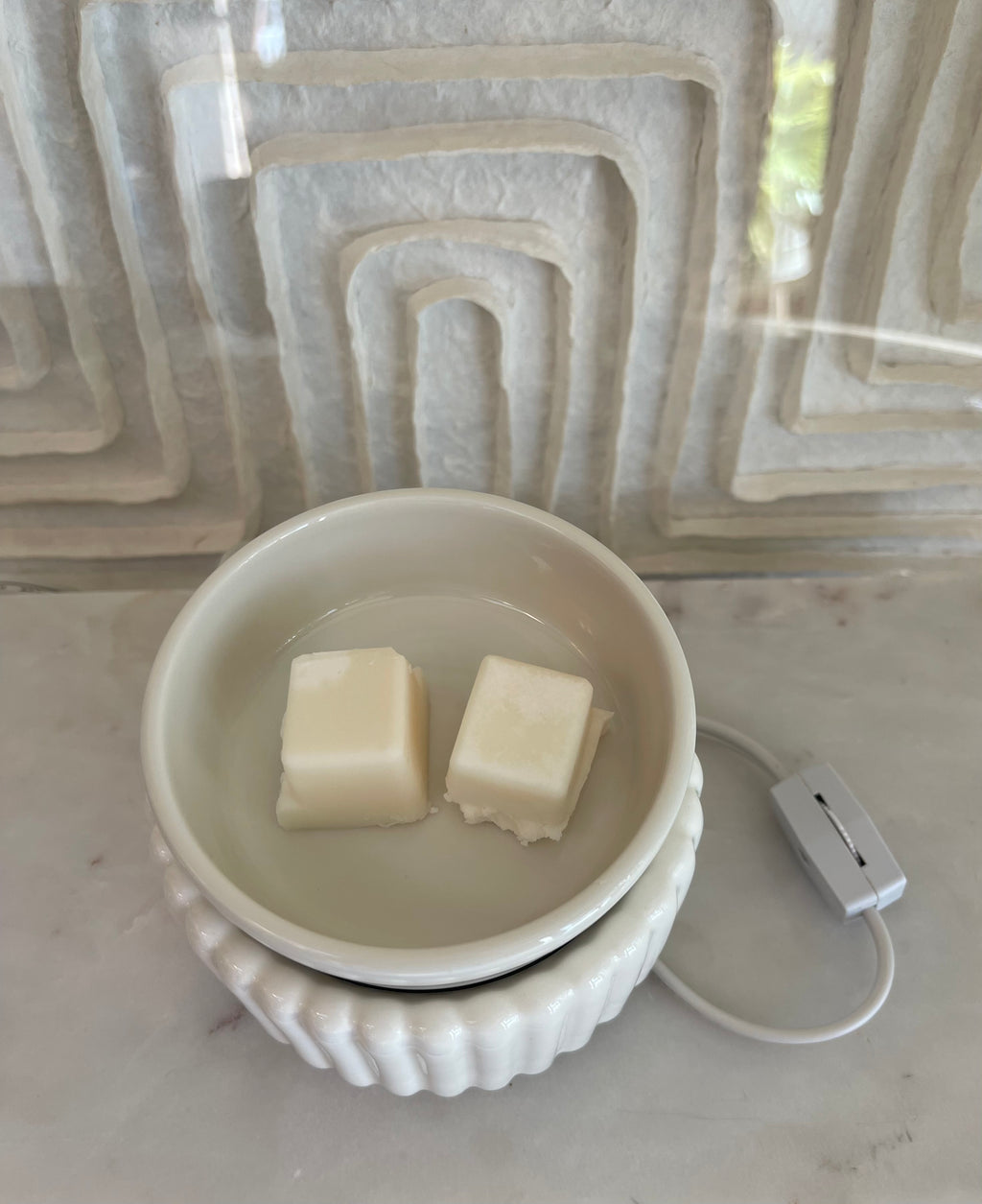 White ceramic dish with two pieces of soap on a marble surface, plugged into a white power adapter.