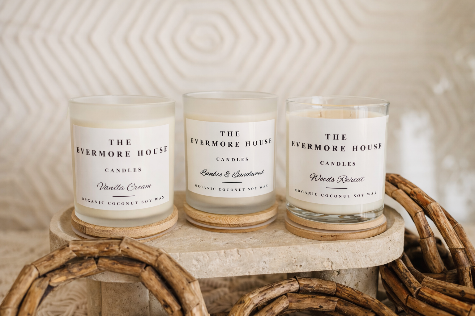 large coconut soy candle with double wick for home fragrance Luxury candles - masculine scents from the Evermore House  - Woods Reserve, Vanilla Cream, Leather and Labdanum, Redemption, Limoncello Cream, Passion Project